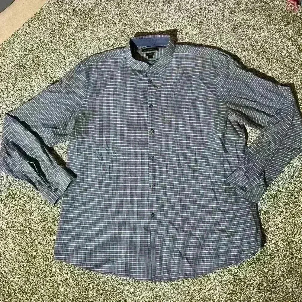John Varvatos Luxe Button Up Shirt 2XL XXL Blue White Plaid Long Sleeve Cotton